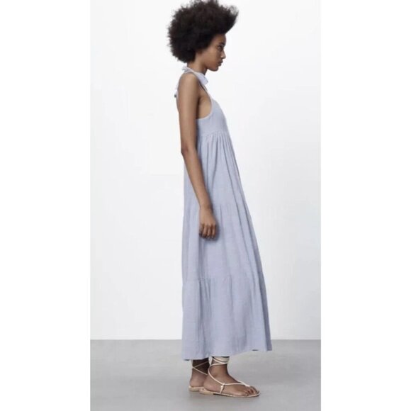 Zara Blue Tie-Strap Tiered Maxi Dress With Smocked Back - Picture 3 of 10